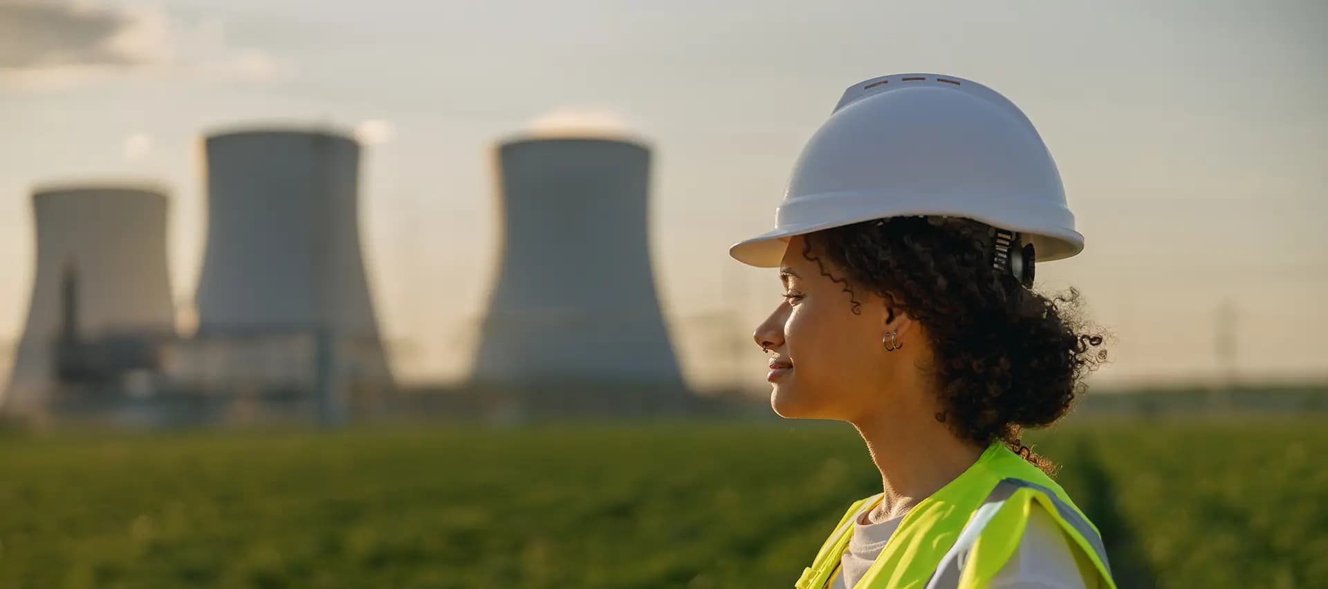 A female engineer in front of a nuclear power plant.