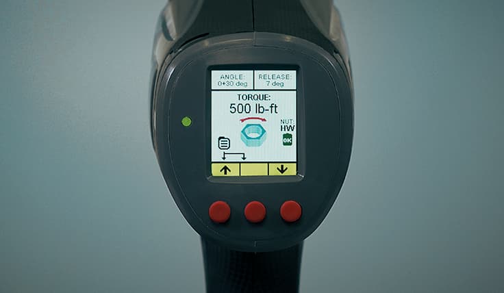A close-up of the LION GUN Dual Speed Electric Torque Tool's digital LCD display, showing easy-to-read torque data and bolt rotation.