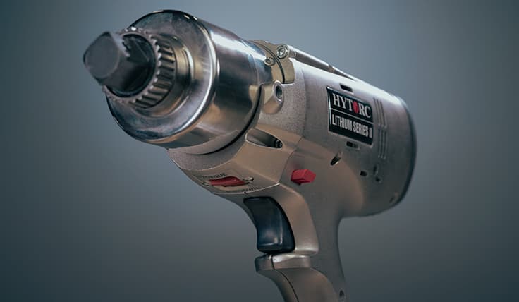 The front of the LITHIUM SERIES II Electric Torque Tool showing the rugged design, including its nickel-plated aluminum housing