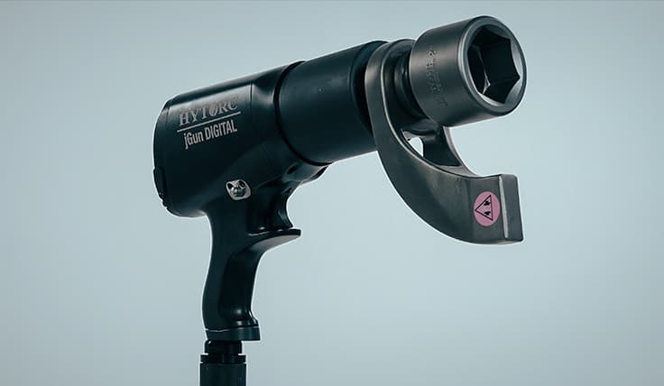 The jGun DIGITAL Single Speed Pneumatic Torque Tool with a coaxial reaction arm and socket.