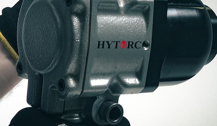 A close-up of the HYTORC logo on the side of the Pneumatic Impact Wrench