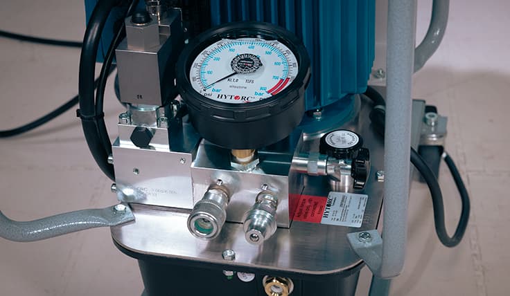 A close-up of the front of the HY-EX 3-Stage Electric Hydraulic Pump
