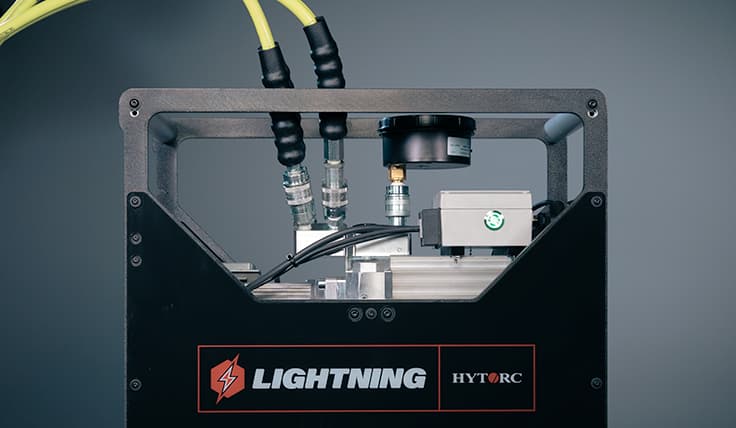 The LIGHTNING Standard Battery-Operated Hydraulic Pump as seen from the side.