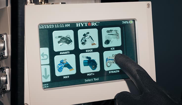 The 7 inch touchscreen and digital display of the LIGHTNING Smart Battery-Operated Hydraulic Pump showing tool selection