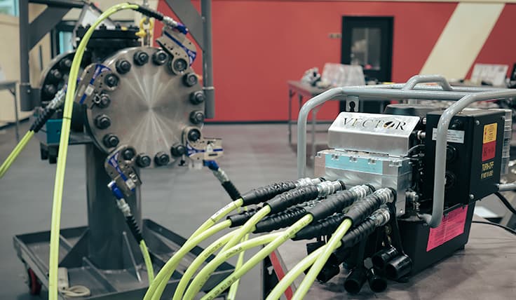 The VECTOR Electric Hydraulic Pump in use with 4 STEALTH Hydraulic Torque Wrenches