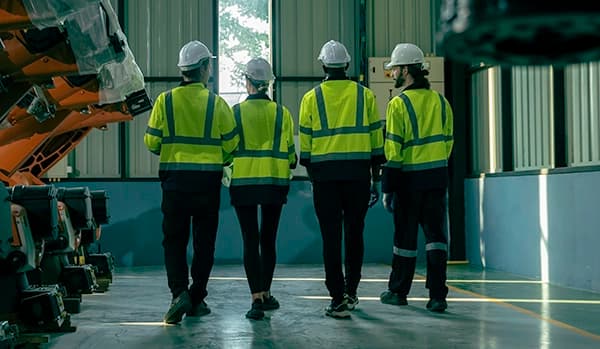 Engineers in hard hats walking through a facility